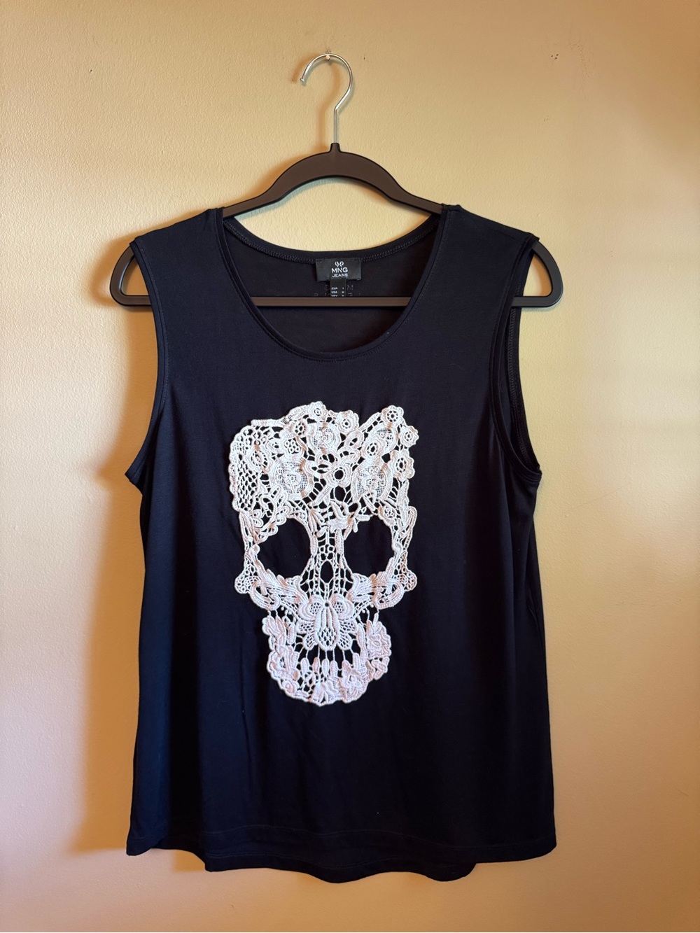 Black Sleeveless Tank with White Lace Skull Appliqué